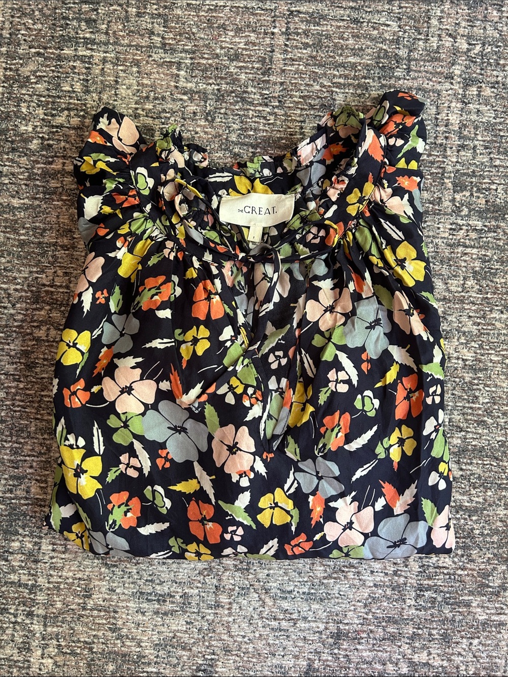 The Great Floral Silk Peasant Blouse Oversized Long Sleeves Raglan 1 S Navy Top